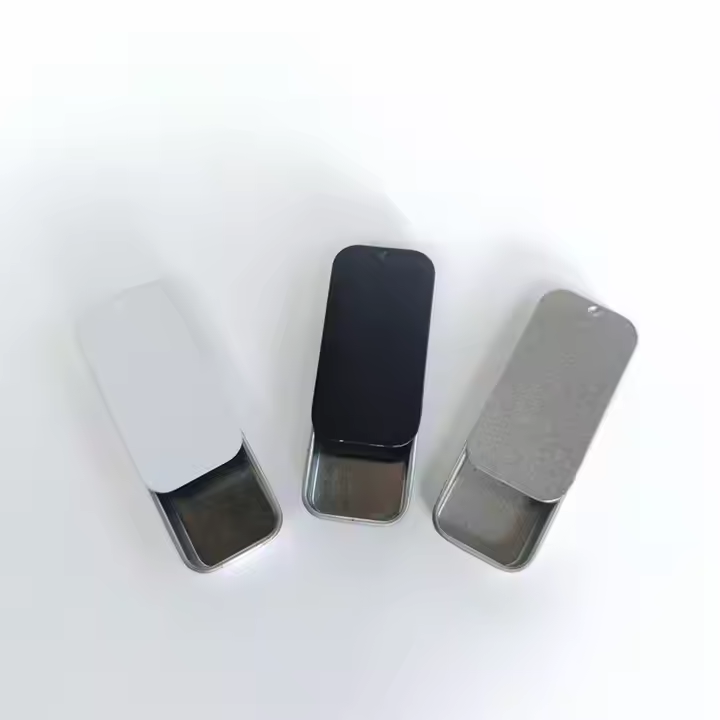 Kleine lege zilveren rechthoekige duw-trek blikken doos met schuifdeksel, metalen mini blikken doos